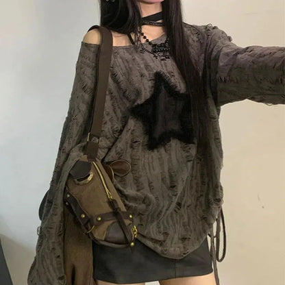 Star Print T-Shirt, Streetwear, Off Shoulder Tops, Oversized, Long Sleeve Loose Tees