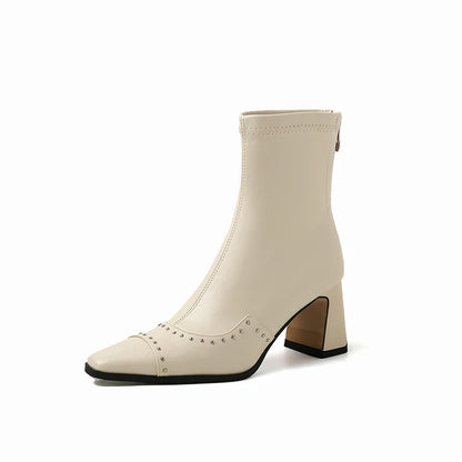 Rivetted Boots with Square Toes and Chunky Heels. Over the Ankle Stretch Tops