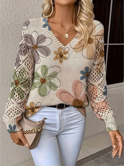 Boho Floral Print V Neck Crocheted Long Sleeved Sweater with Hollowed Out Knit Sleeves in 12 Different Designs