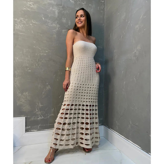 Knitted Hollowed-Out Bandeau Dress Cover-Up. Various Colors