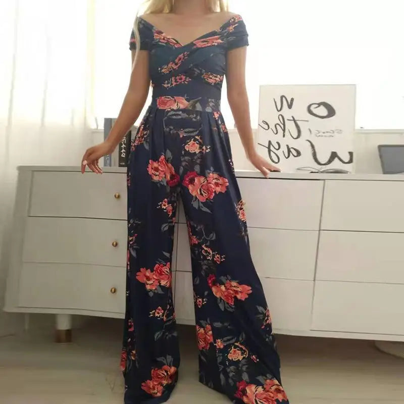 Sizes to 3XL Off the Shoulder Short Sleeve V Neck High-waisted Jumpsuit Sizes to 3XL Various patterns