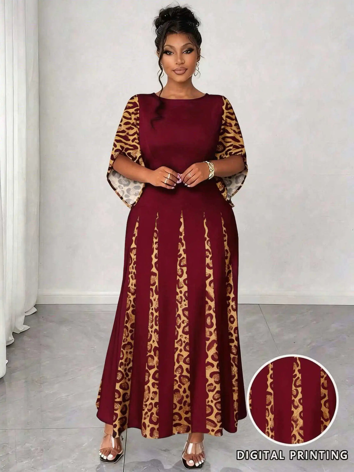 Sizes to 5XL in 3 colors, Elegant Leopard Print Maxi Dress, 3/4 Sleeve, Comfortable & Stylish