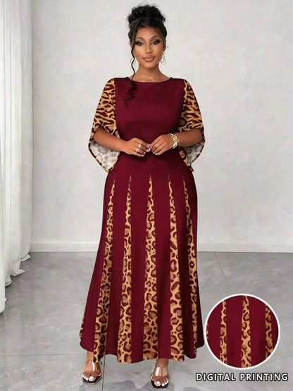 Sizes to 5XL in 3 colors, Elegant Leopard Print Maxi Dress, 3/4 Sleeve, Comfortable & Stylish