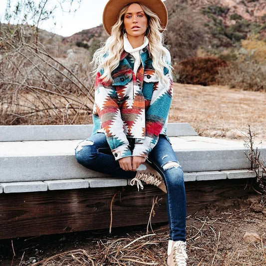 Vintage Loose Denim Jacket, Aztec Retro Ethnic Style, Long Sleeved, Shirt Collar, Sizes to XXL