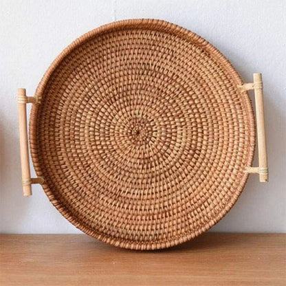 Handwoven Rattan Tray & Food Presentation Basket | Eco-Friendly Kitchen Organizer with Handles