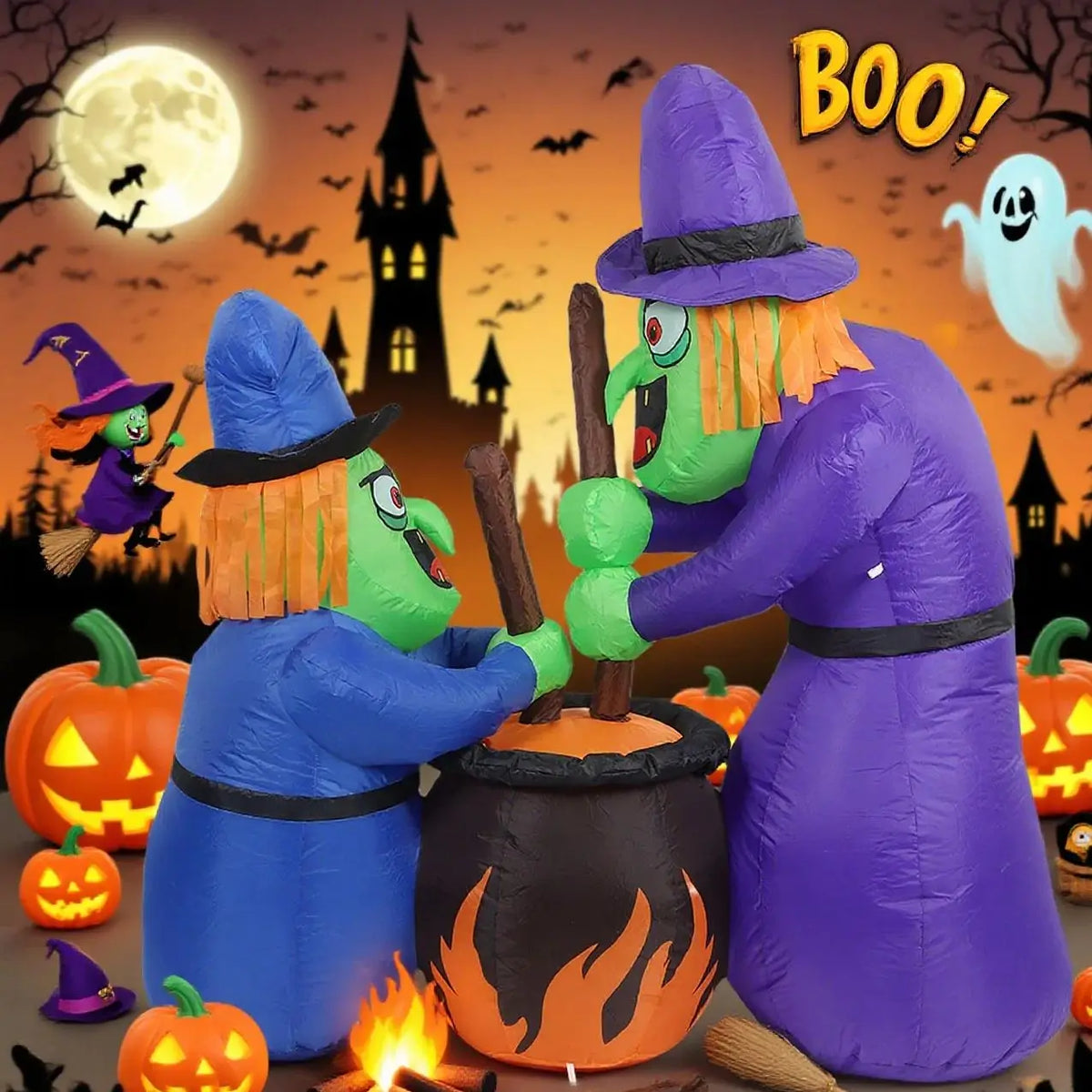 Two 5Ft Halloween Inflatable Witches and Cauldron with Built-in LEDs