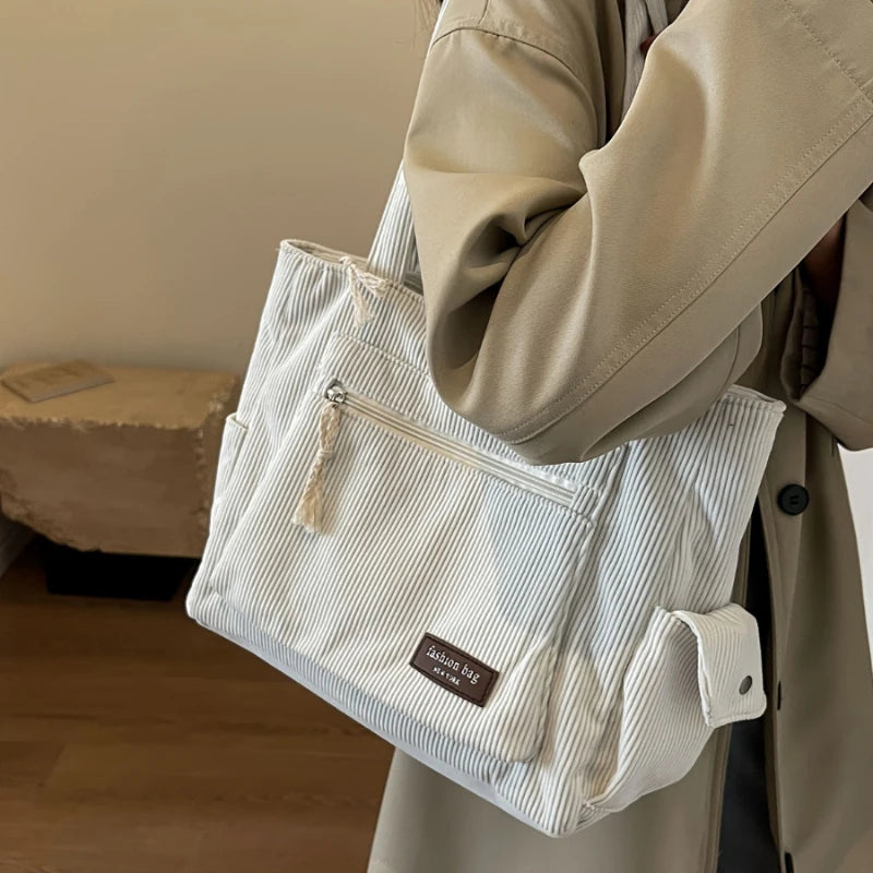 Simple Corduroy Tote Bag, Solid Color Shoulder Bag, Retro Multi Pockets