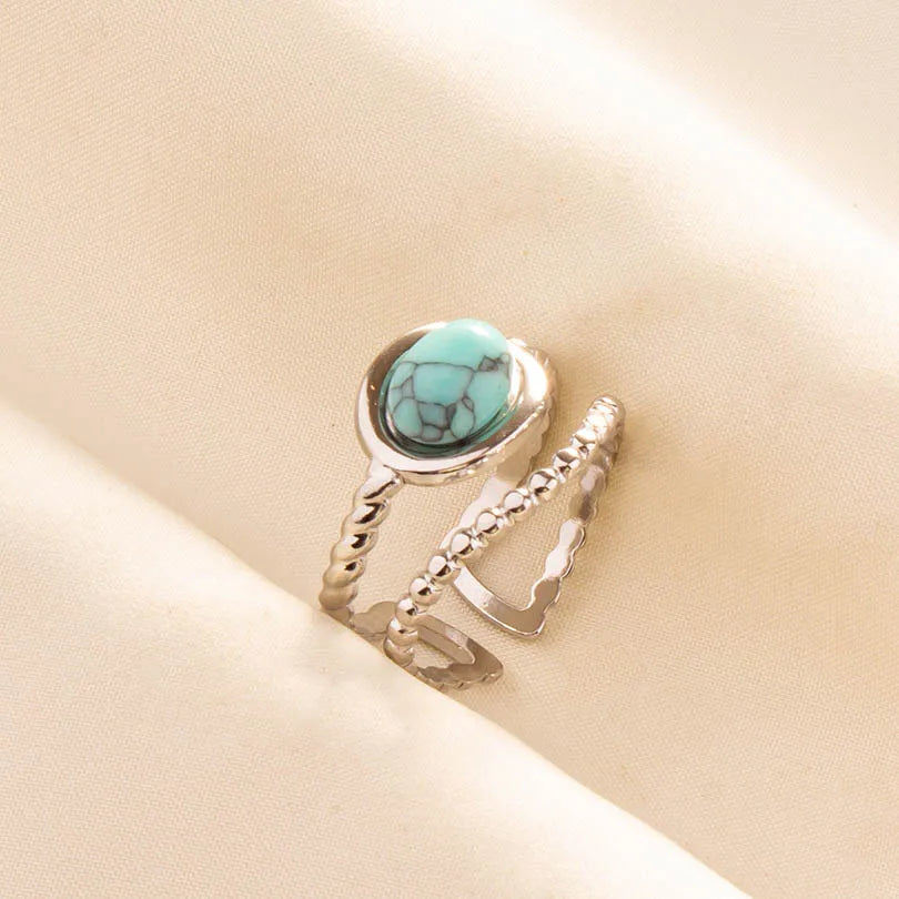 1pc Boho Turquoise Ring Stainless Steel Light Blue Gemstone Silver Adjustable Ring