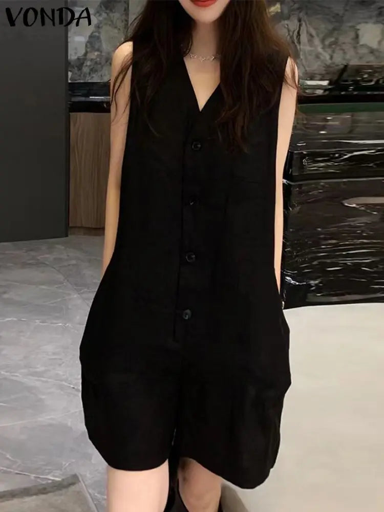 Sizes to 5XL Short Jumpsuits,  Sleeveless, Casual, Loose Fit, V Neck, Pockets, Comes in Khaki, Red, and Black