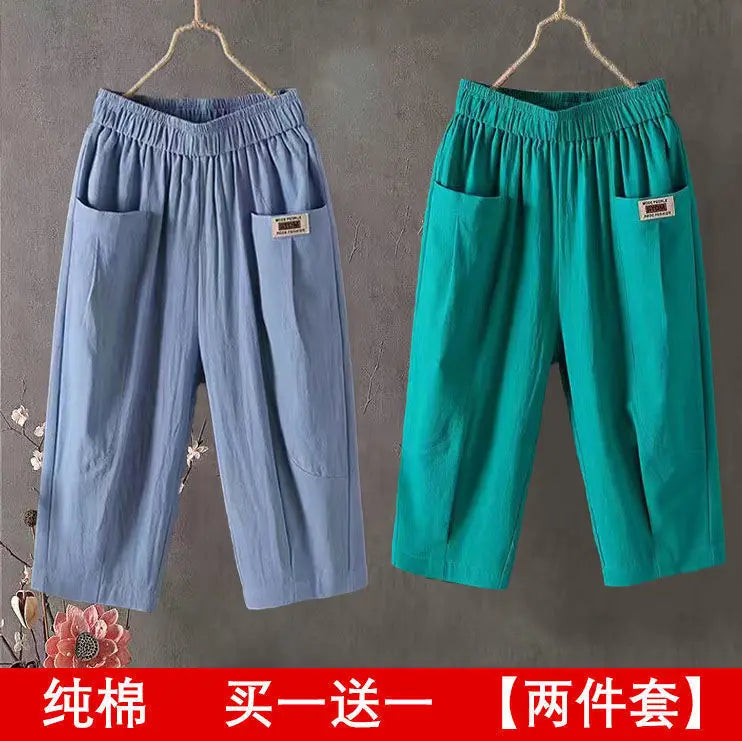 Cotton Linen Cropped 3/4 Length Pants, Loose, Linen with Elastic Waist and Pockets