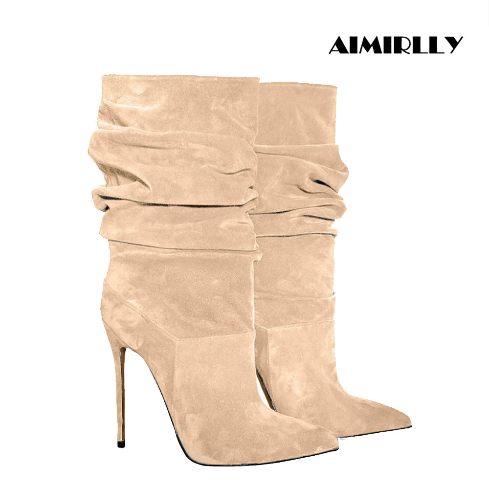 Women Beige Suede Slouch Pointed Toe Stiletto Ankle Boots in Multi-colors: Red, Hot Pink, Grey, Black, Green, Brown, and Purple