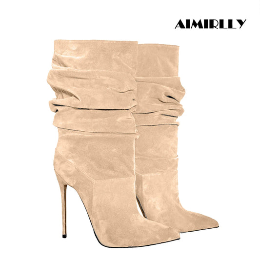 Women Beige Suede Slouch Pointed Toe Stiletto Ankle Boots in Multi-colors: Red, Hot Pink, Grey, Black, Green, Brown, and Purple