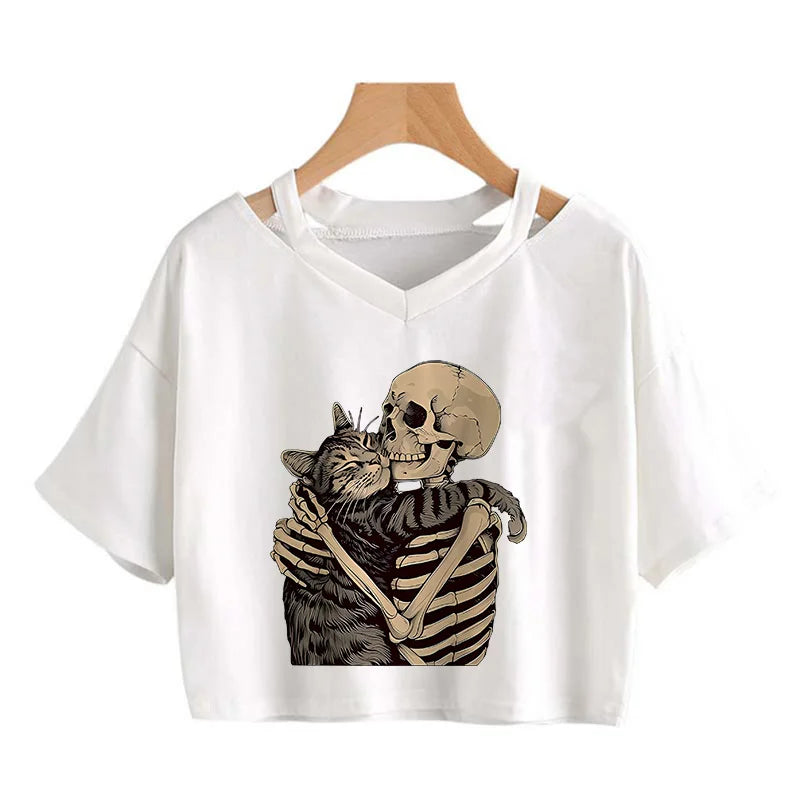 Halloween Skeleton and Cat Print Cropped T-Shirt, Comfortable Short Sleeve Gothic Vintage