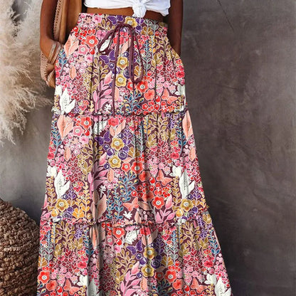 Bohemian Long Skirt with  Elastic High Waist, Tiered A-line with Pockets