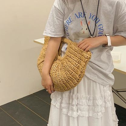 Straw Half-moon Rattan Handbag Handmade Handle Kintted Tote Bag
