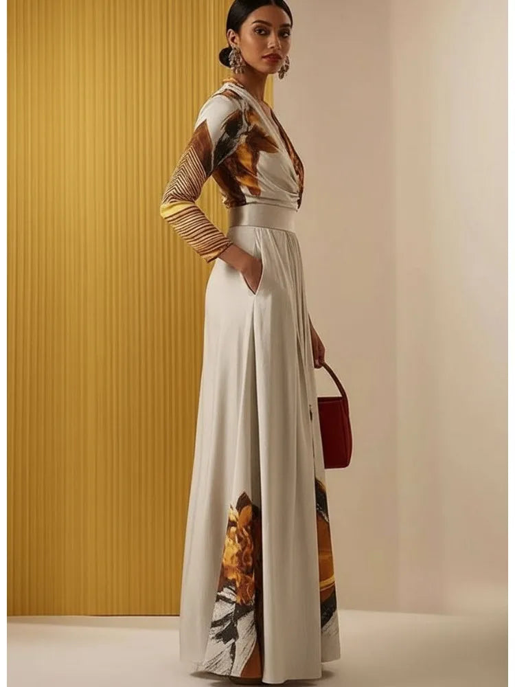 Sizes to 2XL Women's Slim Fit Jumpsuit V-neck Long Sleeves High Waist and Extra Wide Legs