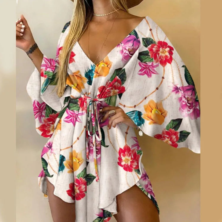 Boho Print Mini Dress or Beach Cover-Up in 12 different Prints, V-Neck, Bat Sleeves, Short Angular Hem, Gathered Waist