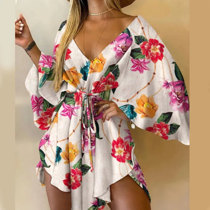 Boho Print Mini Dress or Beach Cover-Up in 12 different Prints, V-Neck, Bat Sleeves, Short Angular Hem, Gathered Waist