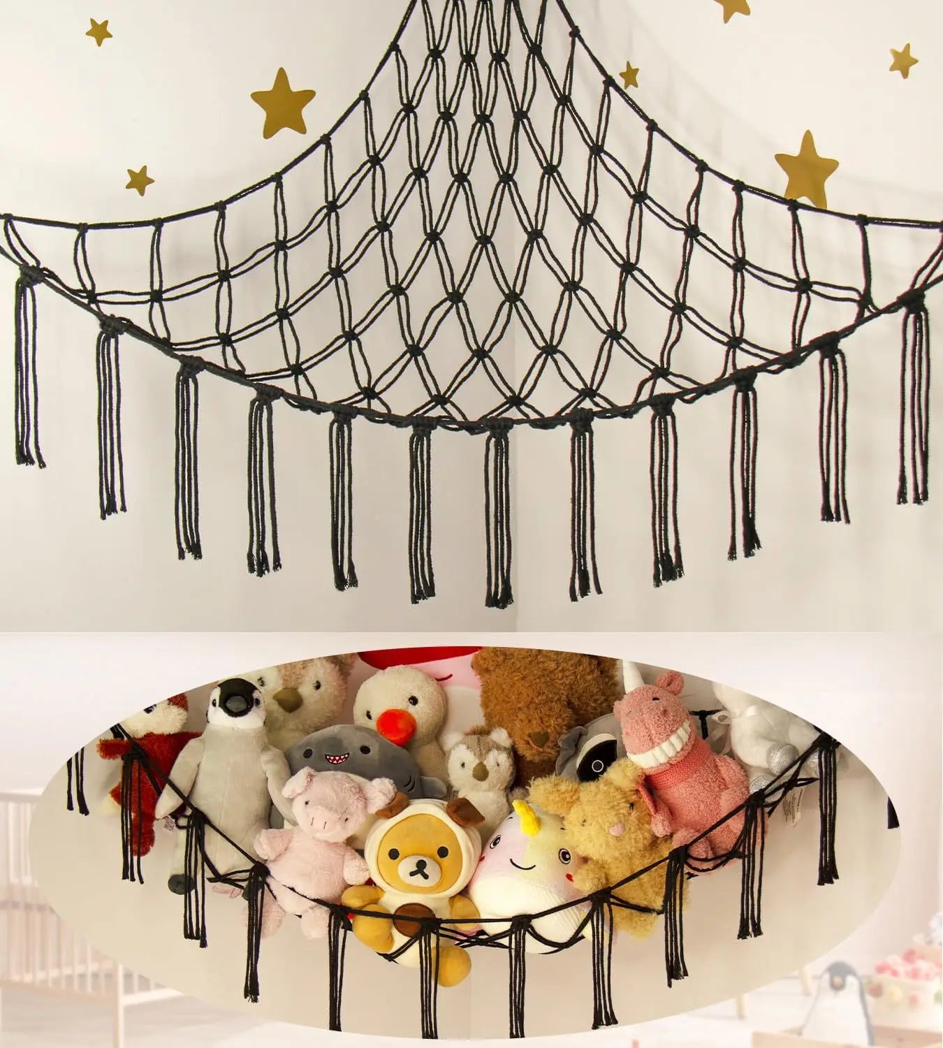 9 different colors of this Boho Macrame Stuffed Animal Hammock Cotton Tassel Toy Storage Net, Hanging Organizer