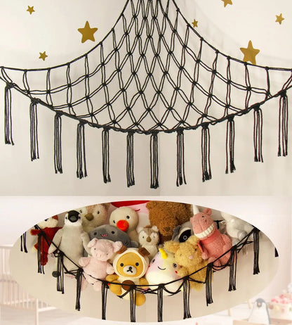 9 different colors of this Boho Macrame Stuffed Animal Hammock Cotton Tassel Toy Storage Net, Hanging Organizer