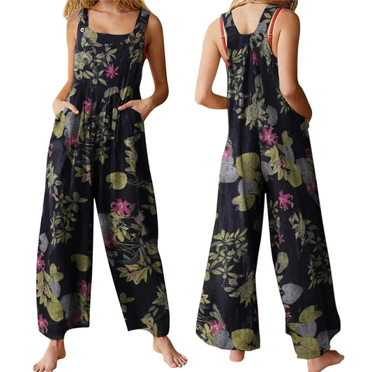 S-3XL Cotton and Linen Jumpsuit Square Neck Sleeveless with Adjustable Straps Casual Loose Overalls with Pockets