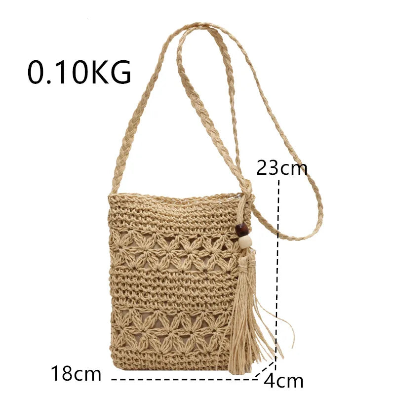 Boho Woven Straw Crossbody Shoulder Bag with Fringe