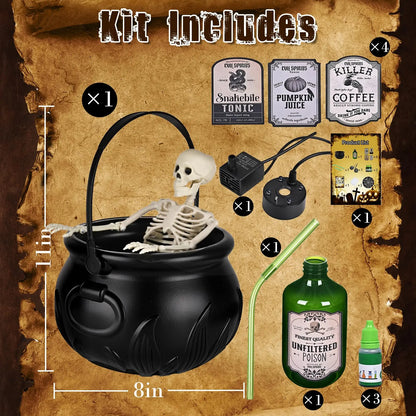1 Set. Halloween Witch Cauldron with LED Light & Fog Mist Maker.  Skeleton in Cauldron for Spooky Hocus Pocus Decoration