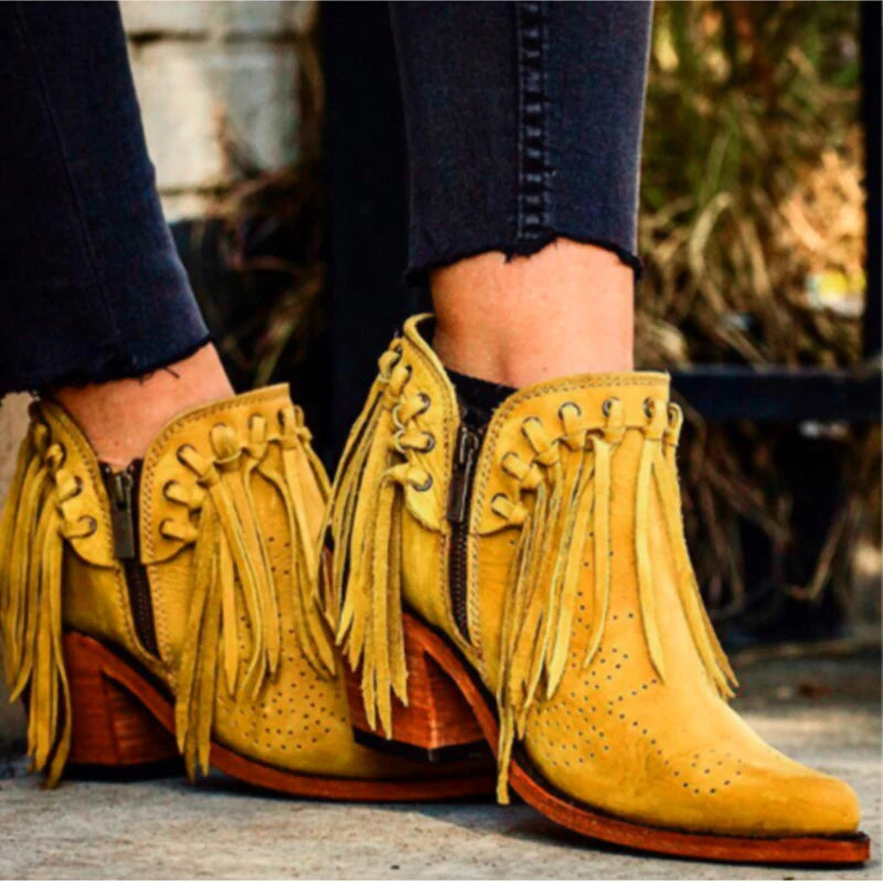 Short Walking with Western Flair, Suede, Low Heel Round Toe, Tassel Ankle Boots with Side Zipper Closure. In Gold and Off White