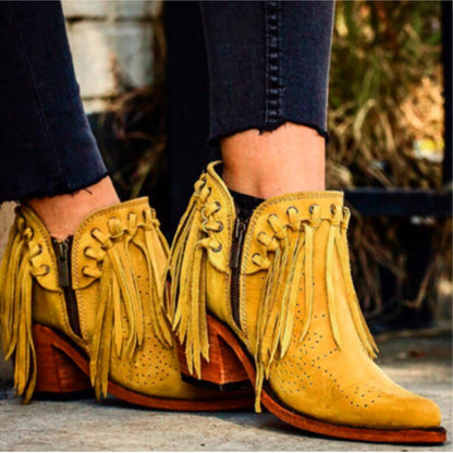Short Walking with Western Flair, Suede, Low Heel Round Toe, Tassel Ankle Boots with Side Zipper Closure. In Gold and Off White