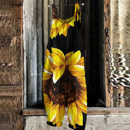 Sunflower Pattern Jumpsuits Casual Loose, Shoulder string ties; Variety of patterns