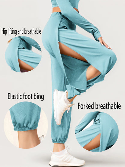 Boho Pants Elastic Waist Women's High Split Hippy Casual Pants, High Waisted