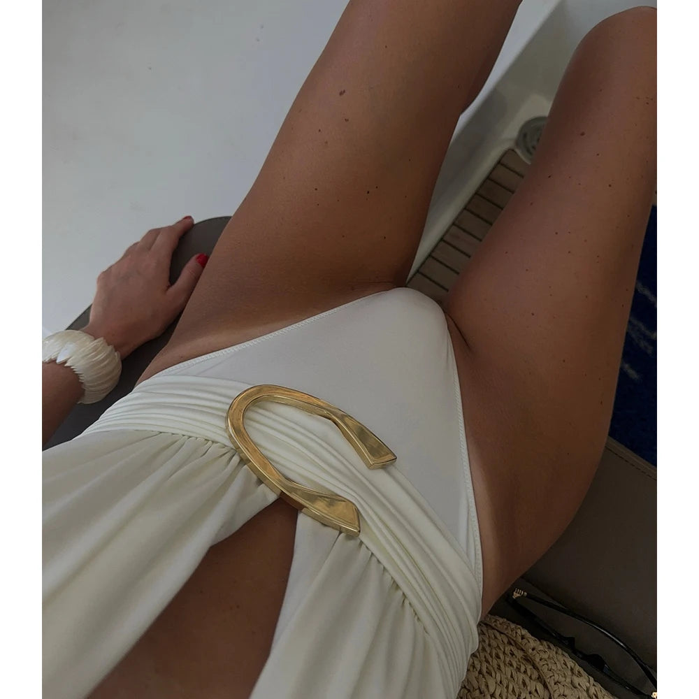 Two-Piece Swimsuit with Plunging Neckline Halter Top Swimwear with SSwiikirt cover-up