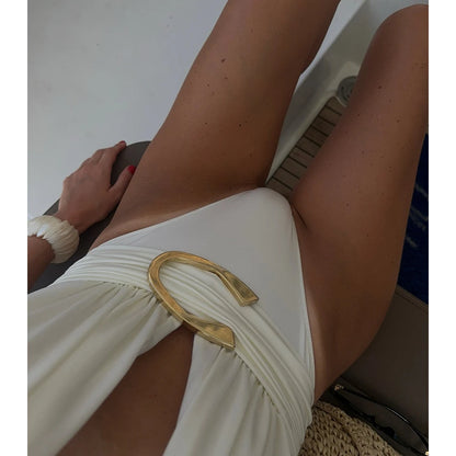 Two-Piece Swimsuit with Plunging Neckline Halter Top Swimwear with SSwiikirt cover-up