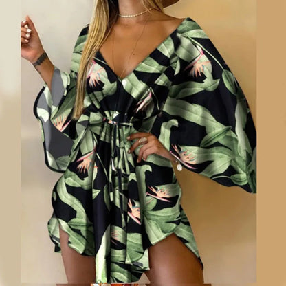 Boho Print Mini Dress or Beach Cover-Up in 12 different Prints, V-Neck, Bat Sleeves, Short Angular Hem, Gathered Waist
