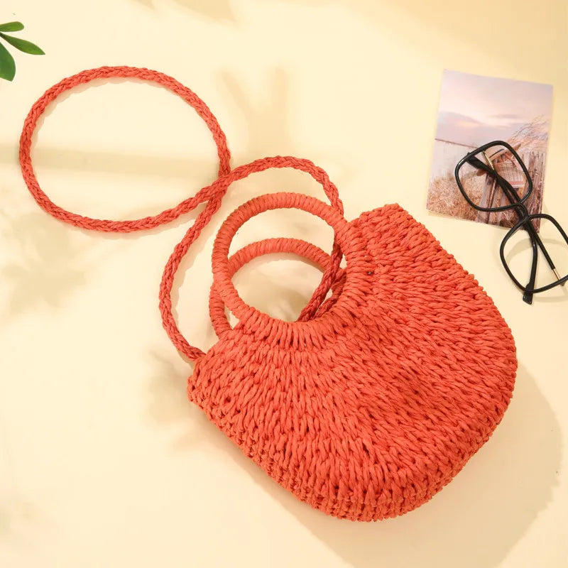 Handwoven Straw Rattan Half-Moon Beach Handbag or Crossbody Shoulder Bag. 4 other colors