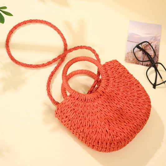 Handwoven Straw Rattan Half-Moon Beach Handbag or Crossbody Shoulder Bag. 4 other colors