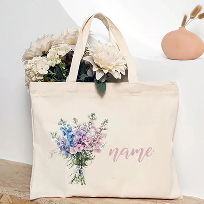 Personalized Shoulder Bag Birth Month Flower and Name Tote Bag, Monogrammed Canvas Bags