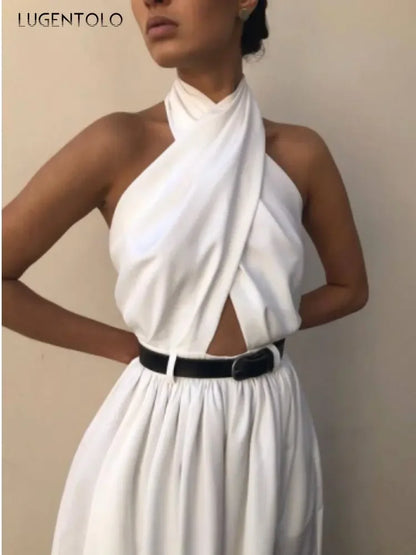 Backless Criss-cross Front, Back Button Halter Jumpsuit, Sleeveless, Slim High Waisted, Long Extra-Wide Leg Pants, Belted