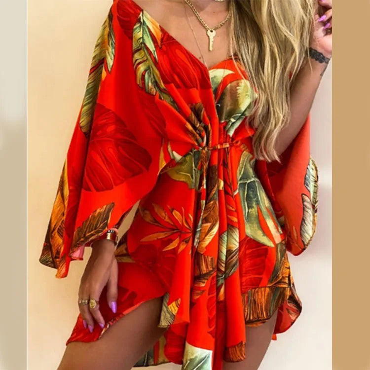 Boho Print Mini Dress or Beach Cover-Up in 12 different Prints, V-Neck, Bat Sleeves, Short Angular Hem, Gathered Waist