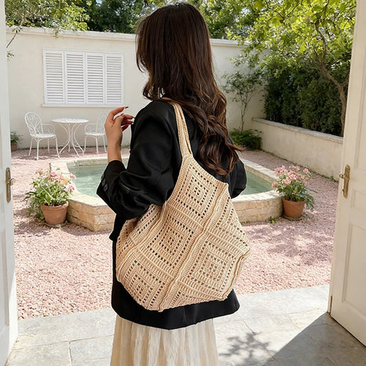 Hollowed Out Yarn Weaved, Large Capacity Shoulder Bags in Red, White, and Tan