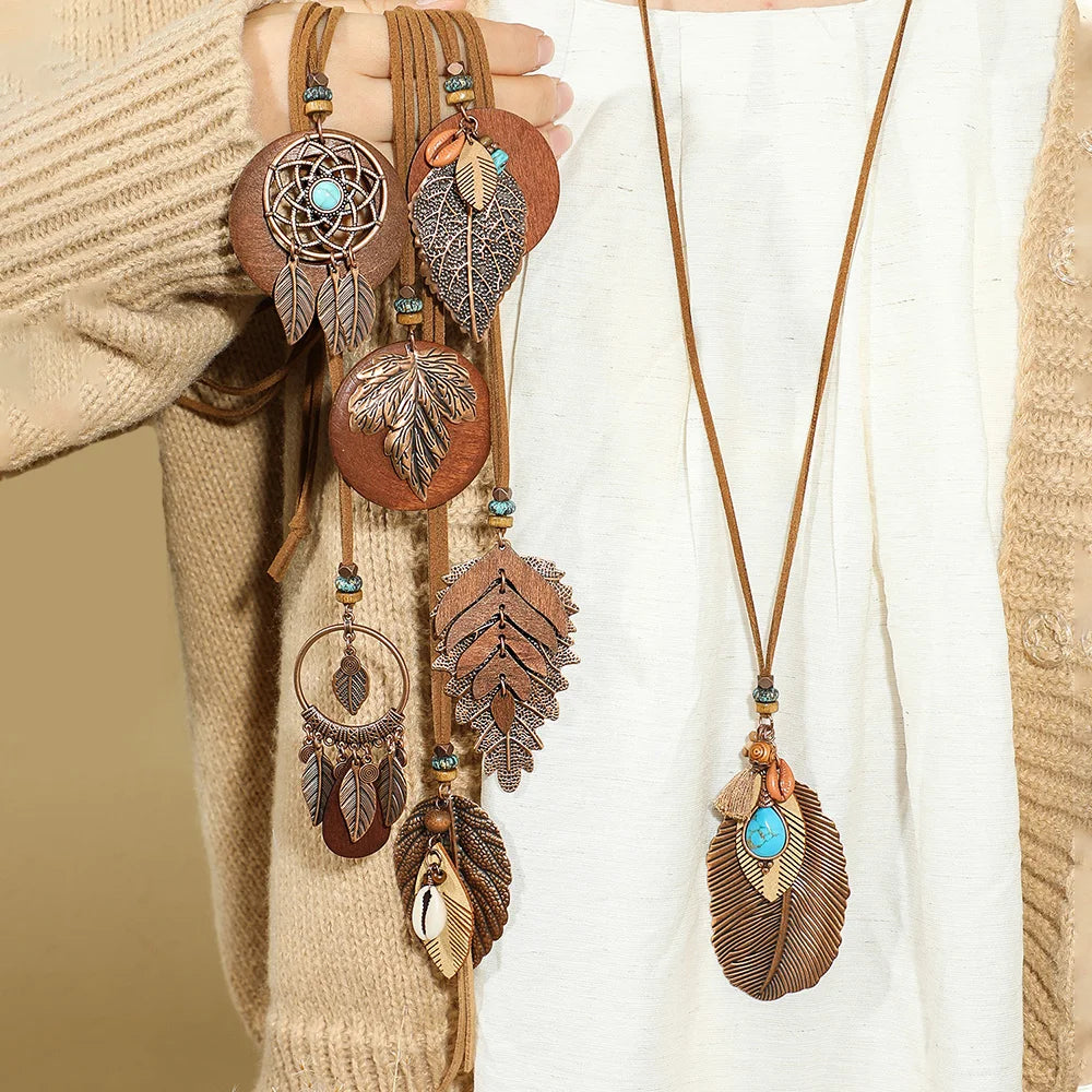 7 piece Boho Long Necklace Set, Brown Pendant Necklaces: Turquoise Shell Design Tribal Jewelry