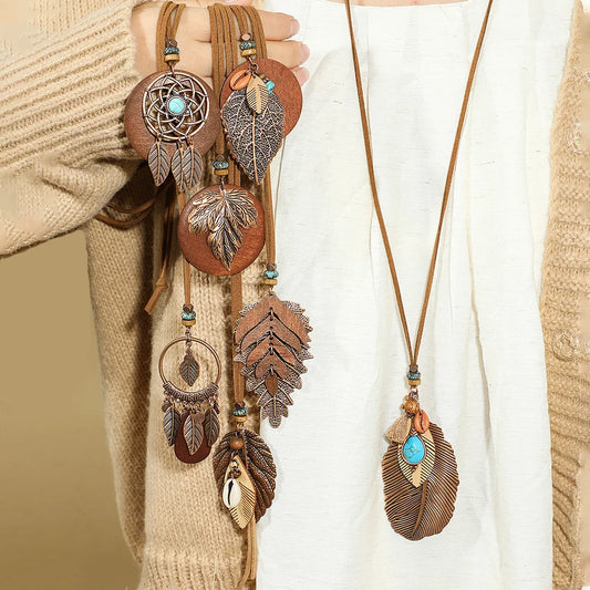 7 piece Boho Long Necklace Set, Brown Pendant Necklaces: Turquoise Shell Design Tribal Jewelry