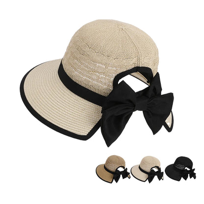 Bow-tied Straw Sun Hat with Ponytail Hole  in 3 Colors