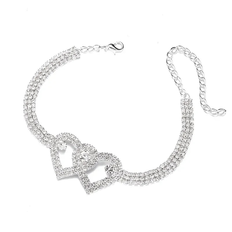 Double Heart Anklet with Crystal Cubic Zirconia Chain, Ankle Bracelet, Foot Jewelry