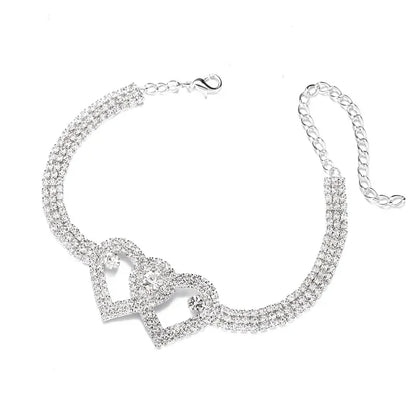 Double Heart Anklet with Crystal Cubic Zirconia Chain, Ankle Bracelet, Foot Jewelry