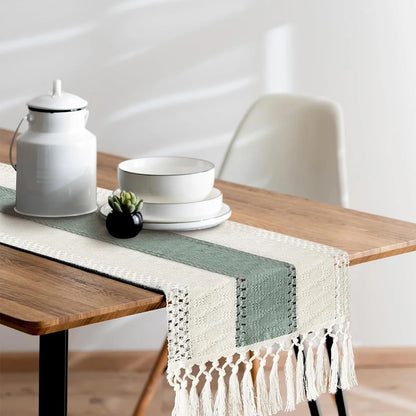 Boho Table Runner Farmhouse Burlap Cotton Table Runner with Woven Macrame Tassels. Various Sizes and Colors