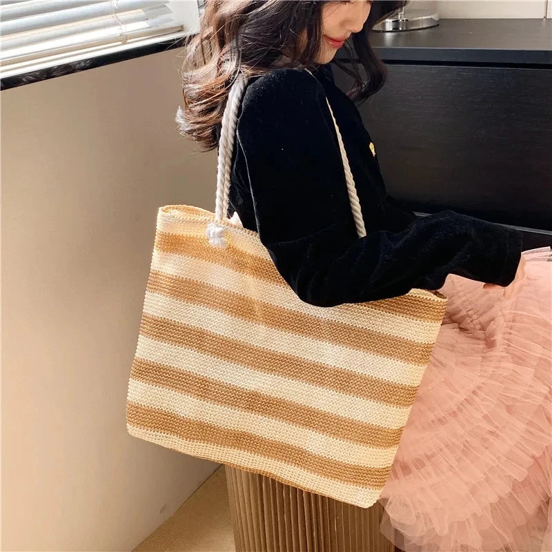 Woven Straw Shoulder Bag Large Capacity Striped 2 Handle Shoulder Bag