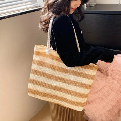 Woven Straw Shoulder Bag Large Capacity Striped 2 Handle Shoulder Bag