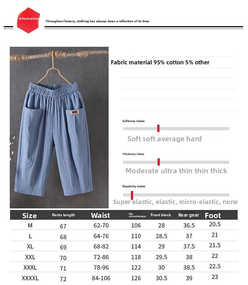 Cotton Linen Cropped 3/4 Length Pants, Loose, Linen with Elastic Waist and Pockets