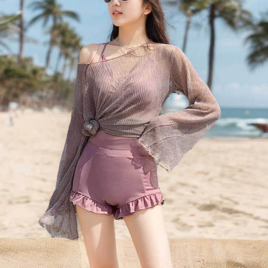 One piece swimsuit with attached skirt Waist Tightening for slimming